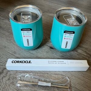 Corkcicle Teal Stemless Tumblers with Straw Set
